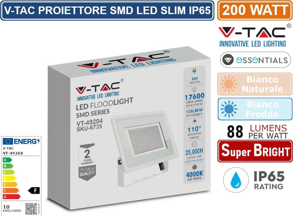 V-TAC VT-49204-W ESSENTIALS SERIES FARO LED SMD 200W ULTRA SOTTILE DA ESTERNO COLORE BIANCO - SKU 6735 / 6736 - 2