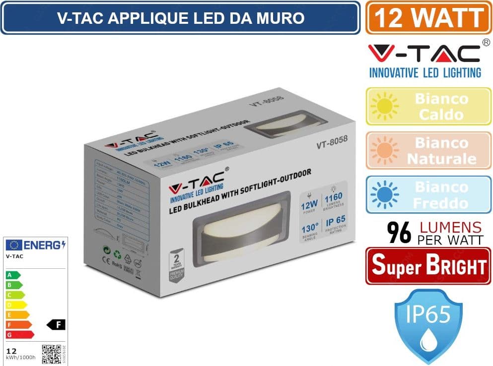 V-TAC VT-8058 LAMPADA LED DA MURO 12W WALL LIGHT DA ESTERNO IP65 - SKU 218245 / 218246 / 218247 - 5