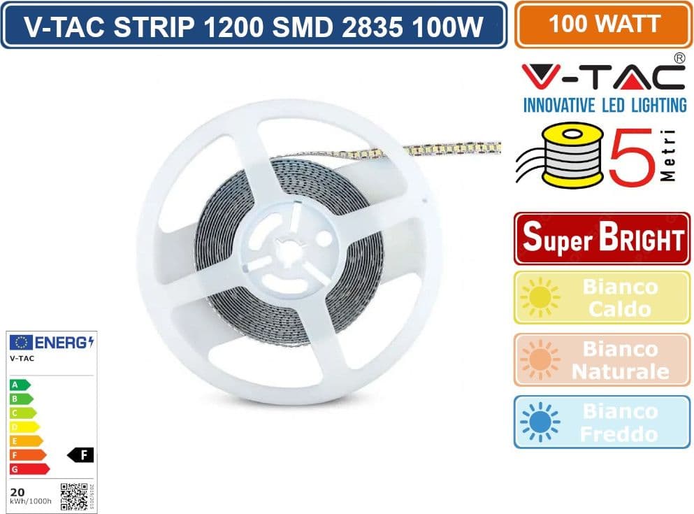 VT-2835-240 STRISCIA LED FLESSIBILE 100W SMD MONOCOLORE 240 LED/METRO 12V - BOBINA 5 METRI - SKU 212164 / 212165 / 212166 - 2
