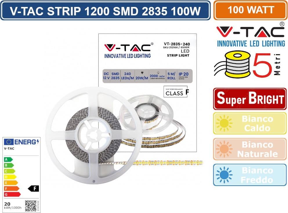 VT-2835-240 STRISCIA LED FLESSIBILE 100W SMD MONOCOLORE 240 LED/METRO 12V - BOBINA 5 METRI - SKU 212164 / 212165 / 212166 - 3