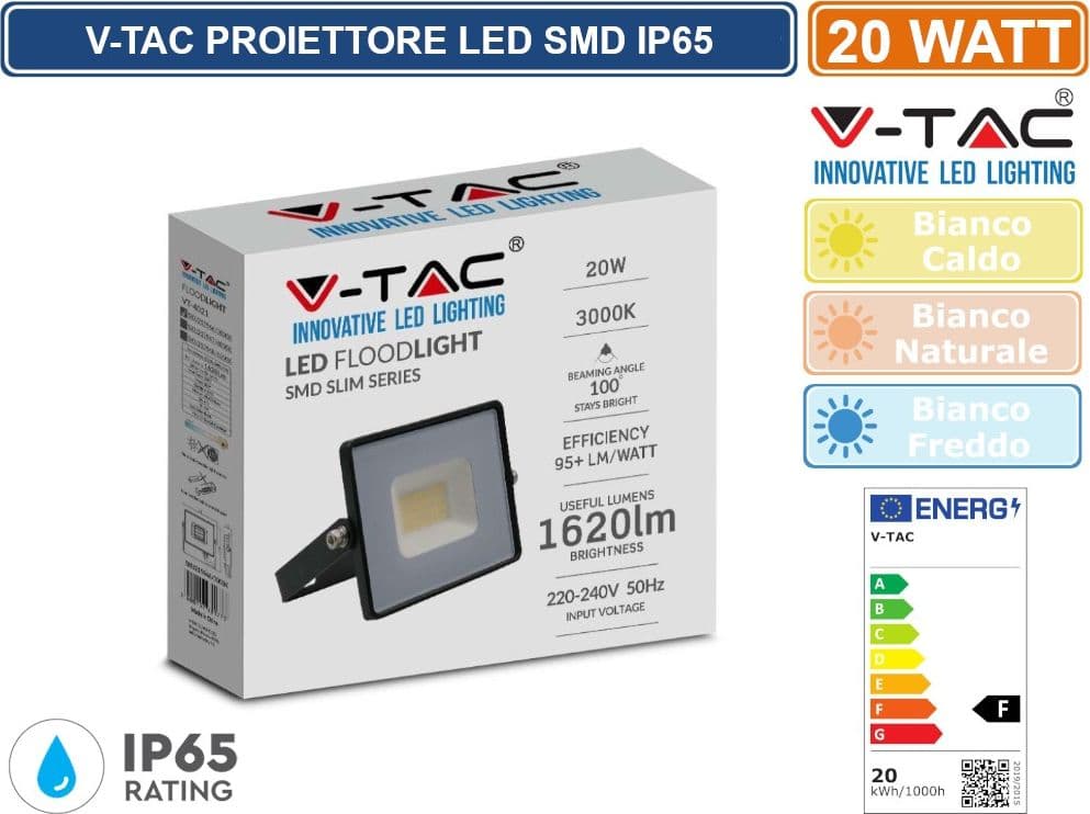 V-TAC VT-4021 FARO LED FLOODLIGHT 20W SMD SLIM IP65 NERO - SKU 215946 / 215947 / 215948 - 2