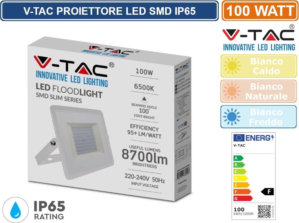 V-TAC VT-40101 FARETTO LED SMD 100W ULTRASOTTILE DA ESTERNO COLORE BIANCO - SKU 215967 / 215968 / 215969 - 2