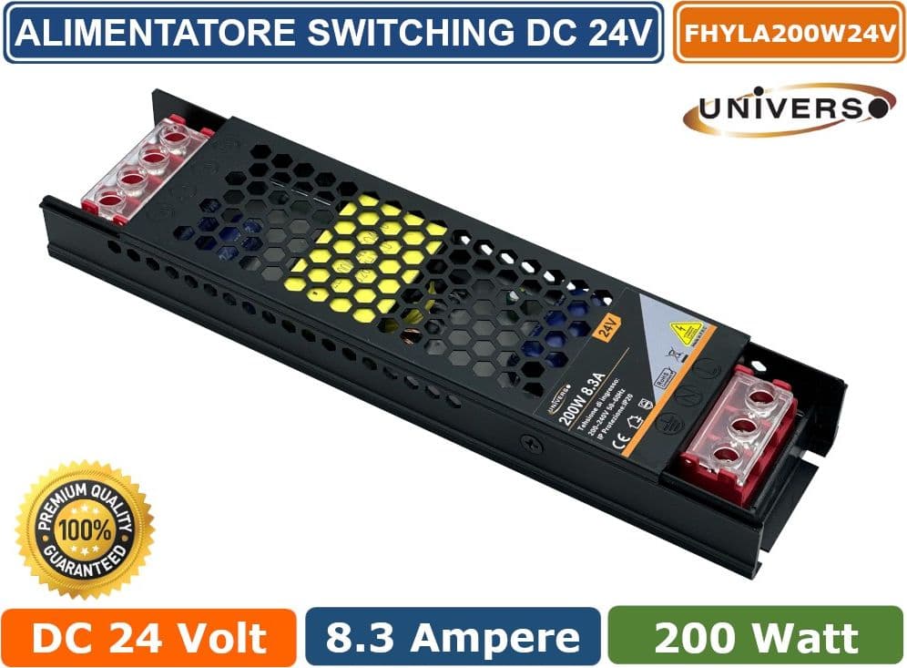 ALIMENTATORE SLIM METALLICO STABILIZZATO SWITCHING TRIMMER 220V-24V 8.3A 200 WATT COLORE NERO