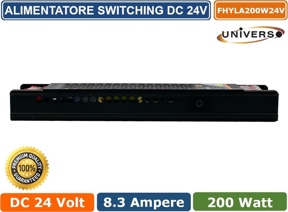 ALIMENTATORE SLIM METALLICO STABILIZZATO SWITCHING TRIMMER 220V-24V 8.3A 200 WATT COLORE NERO - 2