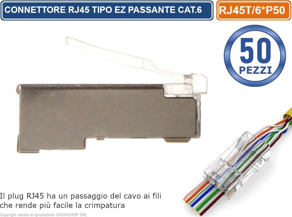 CONFEZIONE MULTIPLA 50 PEZZI PLUG RJ45 TIPO EZ PASSANTE PER CAVO ETHERNET CAT.6 - 2
