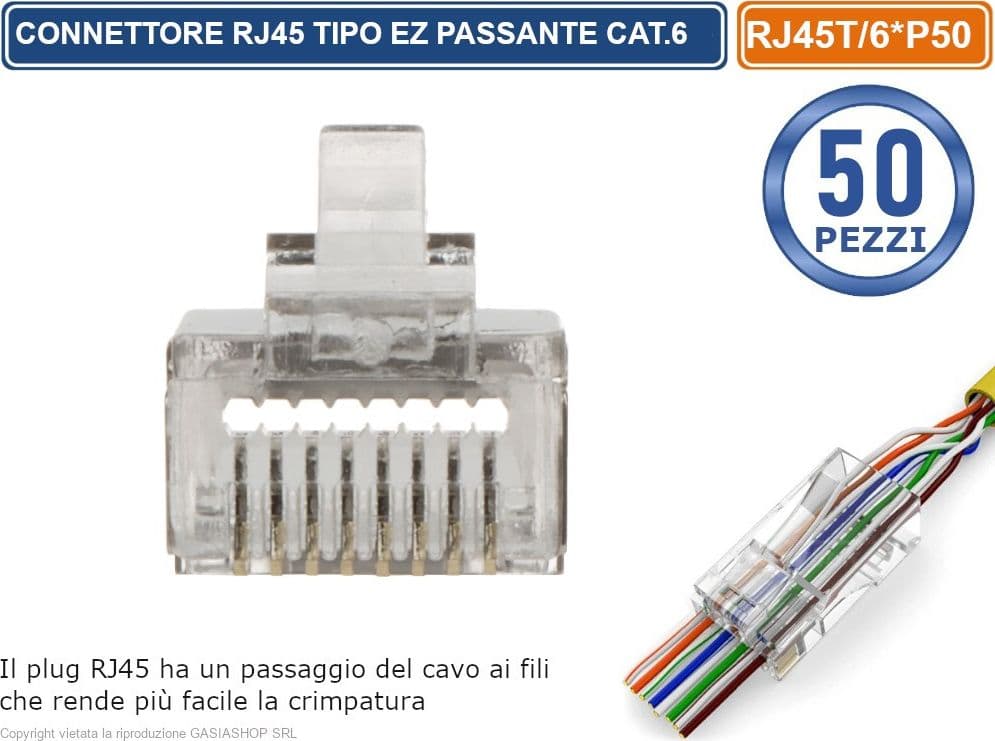 CONFEZIONE MULTIPLA 50 PEZZI PLUG RJ45 TIPO EZ PASSANTE PER CAVO ETHERNET CAT.6 - 3