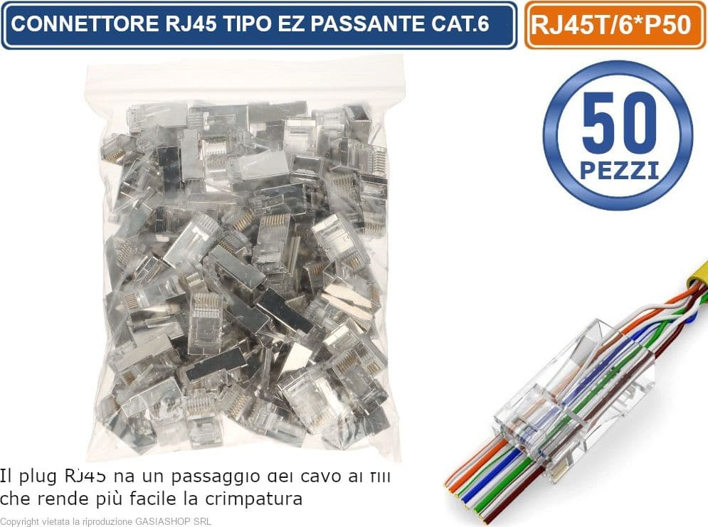 CONFEZIONE MULTIPLA 50 PEZZI PLUG RJ45 TIPO EZ PASSANTE PER CAVO ETHERNET CAT.6 - 4