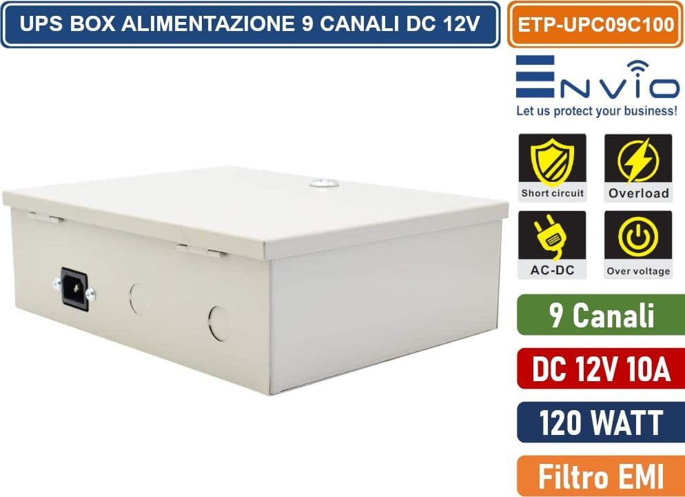 BOX DI ALIMENTAZIONE UPS PER VIDEOSORVEGLIANZA CCTV DC 12V 10A 9 CANALI – 120W - 2