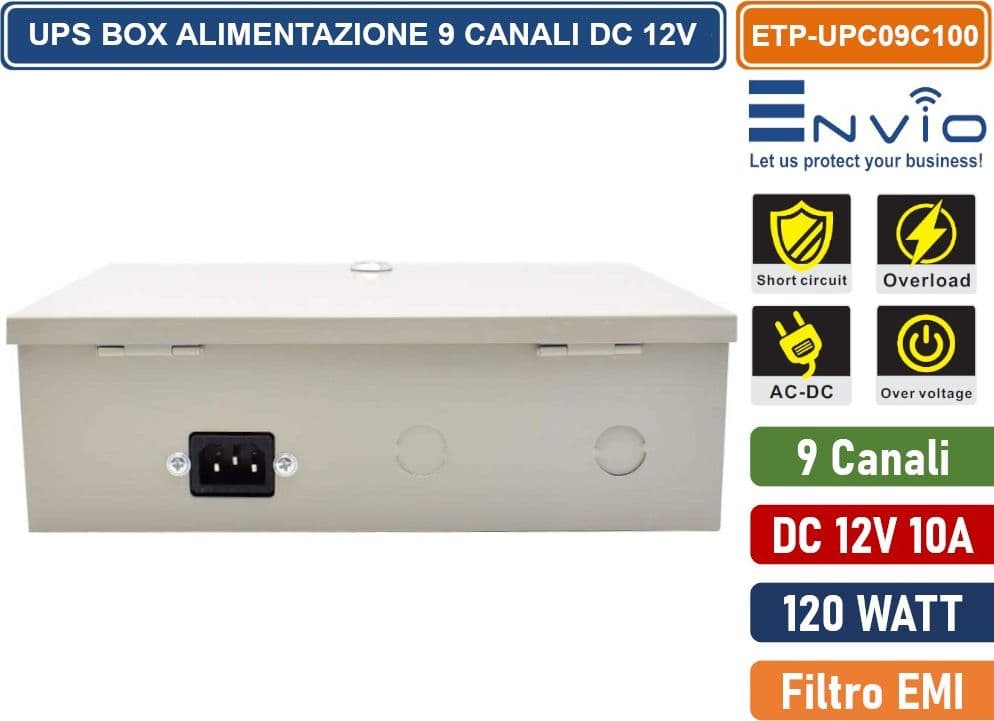 BOX DI ALIMENTAZIONE UPS PER VIDEOSORVEGLIANZA CCTV DC 12V 10A 9 CANALI – 120W - 3