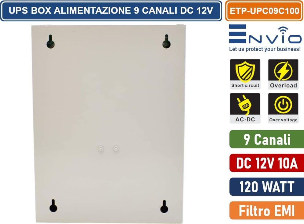 BOX DI ALIMENTAZIONE UPS PER VIDEOSORVEGLIANZA CCTV DC 12V 10A 9 CANALI – 120W - 4