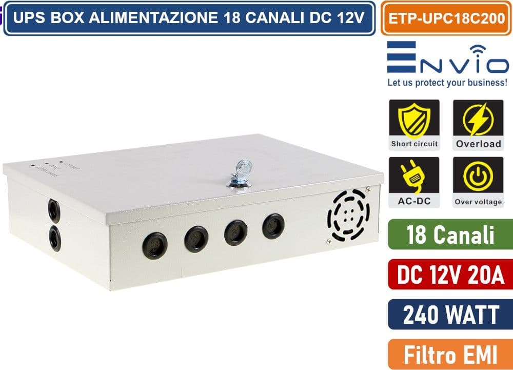 BOX DI ALIMENTAZIONE UPS PER VIDEOSORVEGLIANZA CCTV DC 12V 20A 18 CANALI – 240W - 2