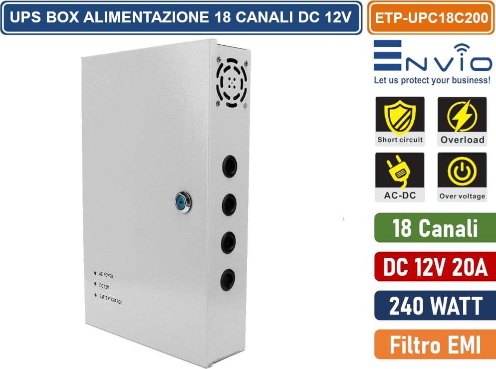 BOX DI ALIMENTAZIONE UPS PER VIDEOSORVEGLIANZA CCTV DC 12V 20A 18 CANALI – 240W - 3