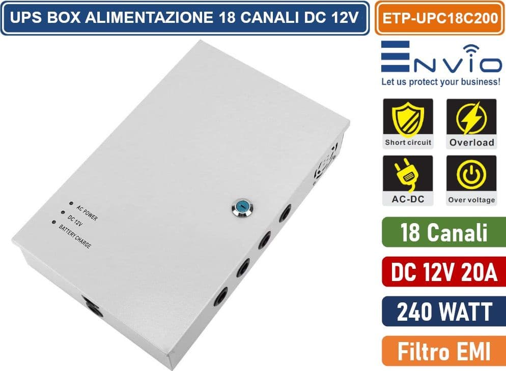 BOX DI ALIMENTAZIONE UPS PER VIDEOSORVEGLIANZA CCTV DC 12V 20A 18 CANALI – 240W - 4