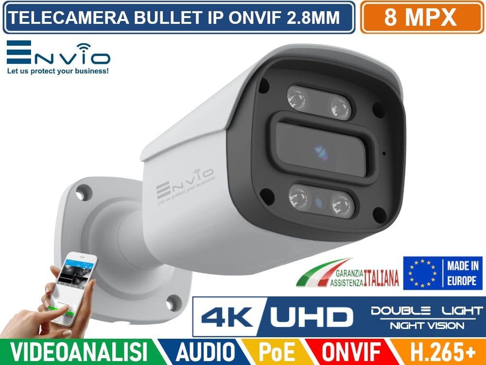 TELECAMERA BULLET IP DOUBLE LIGHT 8M POE ONVIF H.265+ VISIONE NOTTURNA A COLORI/BIANCO E NERO/A COLORI SU ALLARME AUDIO ANALISI VIDEO - 3