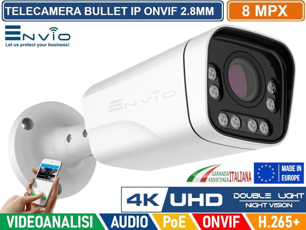 TELECAMERA BULLET IP DOUBLE LIGHT 8M POE ONVIF H.265+ VISIONE NOTTURNA A COLORI/BIANCO E NERO/A COLORI SU ALLARME 40 METRI ANALISI VIDEO - 2
