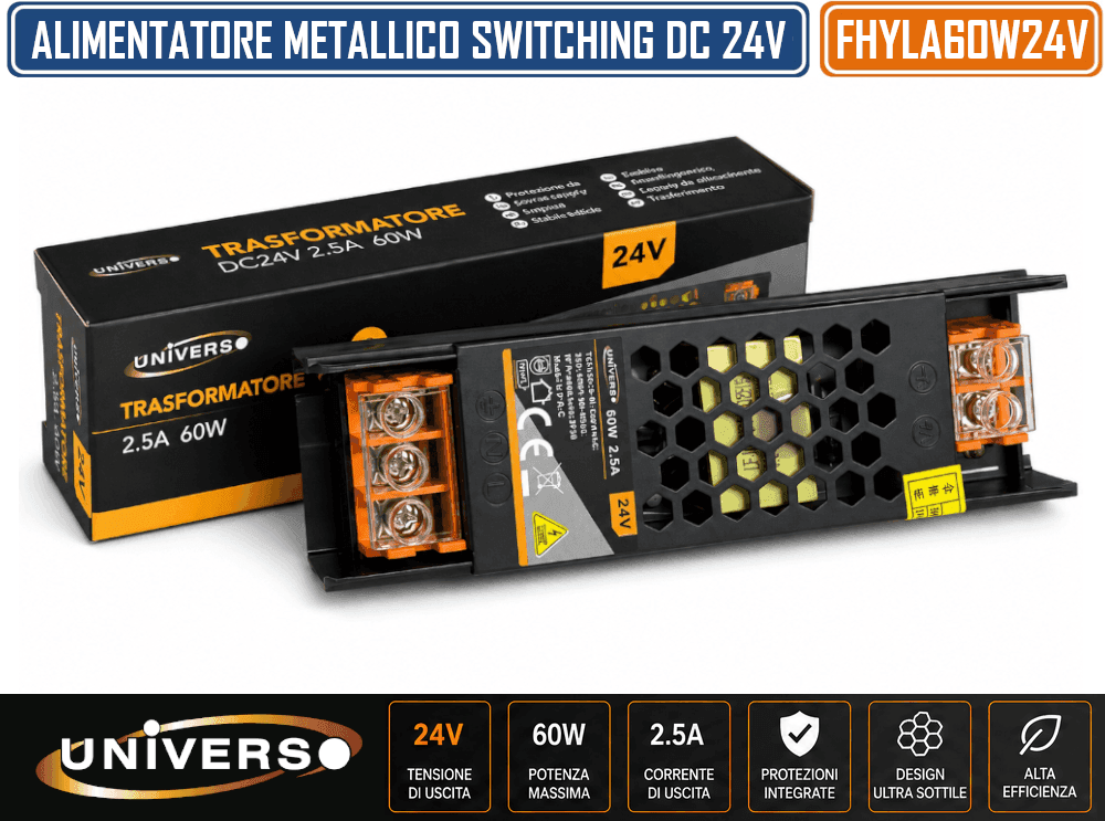ALIMENTATORE SLIM METALLICO STABILIZZATO SWITCHING TRIMMER 220V-24V 2.5A 60 WATT COLORE NERO