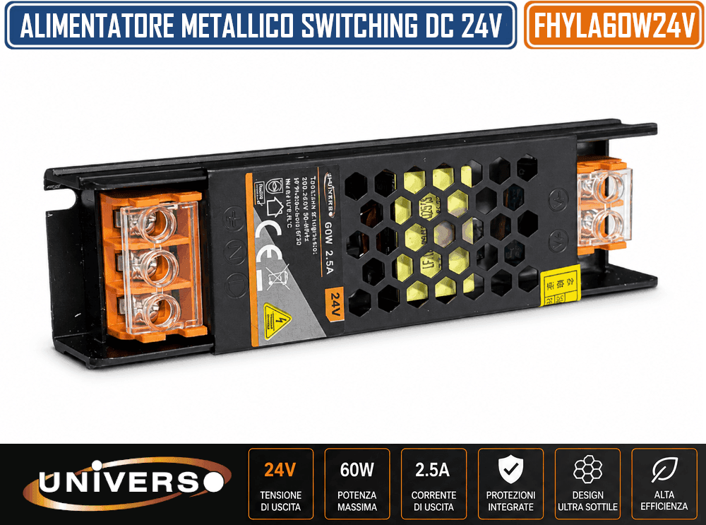 ALIMENTATORE SLIM METALLICO STABILIZZATO SWITCHING TRIMMER 220V-24V 2.5A 60 WATT COLORE NERO - 2