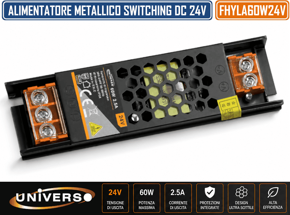 ALIMENTATORE SLIM METALLICO STABILIZZATO SWITCHING TRIMMER 220V-24V 2.5A 60 WATT COLORE NERO - 3