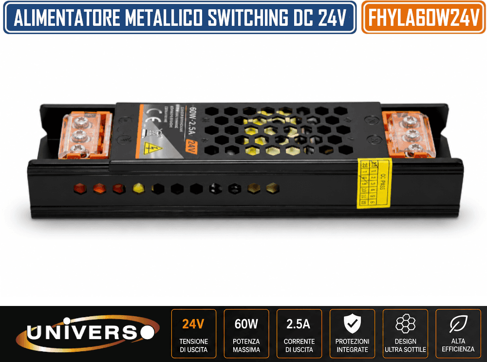 ALIMENTATORE SLIM METALLICO STABILIZZATO SWITCHING TRIMMER 220V-24V 2.5A 60 WATT COLORE NERO - 4