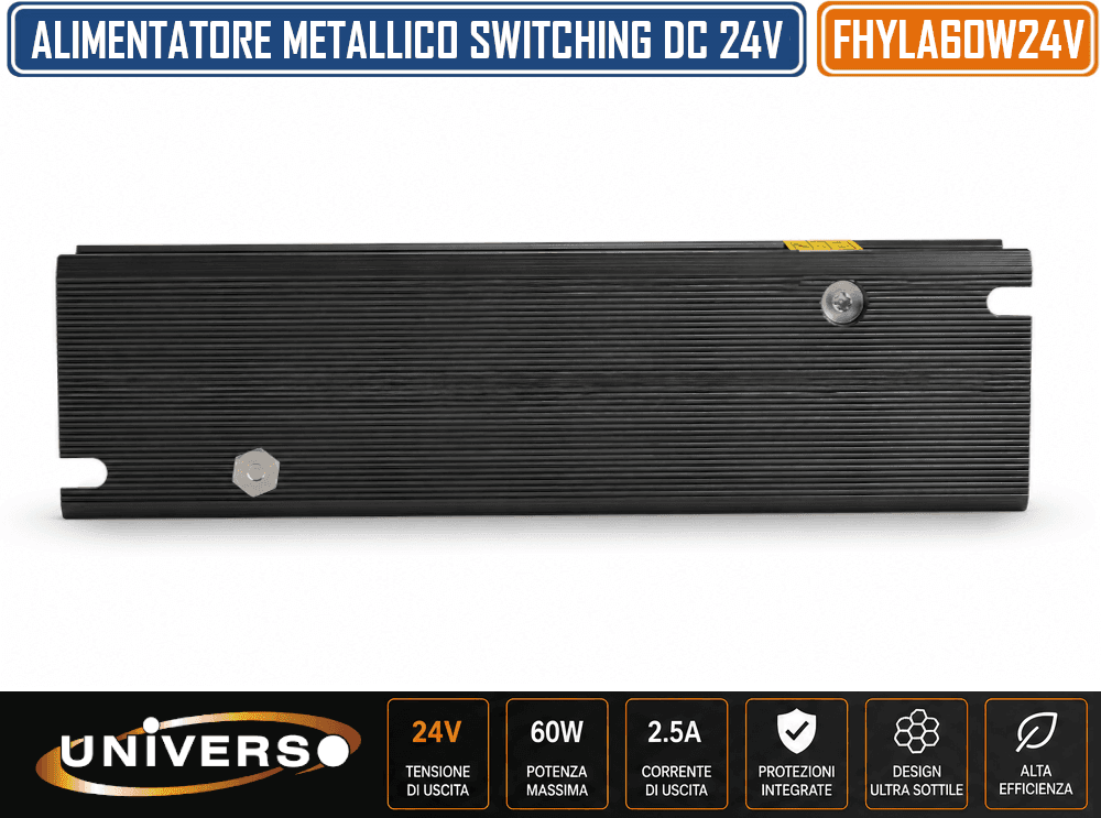 ALIMENTATORE SLIM METALLICO STABILIZZATO SWITCHING TRIMMER 220V-24V 2.5A 60 WATT COLORE NERO - 5