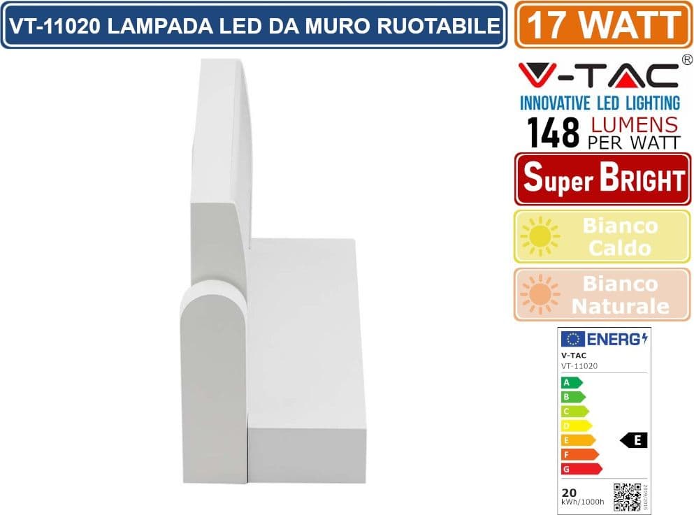 V-TAC VT-11020 LAMPADA LED DA MURO RUOTABILE 17W SMD IP65 APPLIQUE COLORE BIANCO - SKU 2934 / 2935 - 4