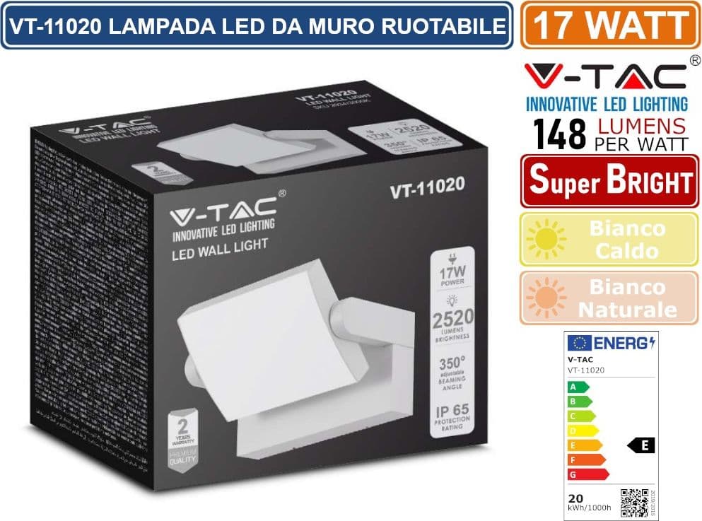 V-TAC VT-11020 LAMPADA LED DA MURO RUOTABILE 17W SMD IP65 APPLIQUE COLORE BIANCO - SKU 2934 / 2935 - 5