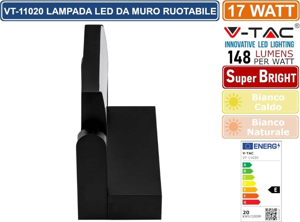 V-TAC VT-11020 LAMPADA LED DA MURO RUOTABILE 17W SMD IP65 APPLIQUE COLORE NERO - SKU 2936 / 2937 - 4