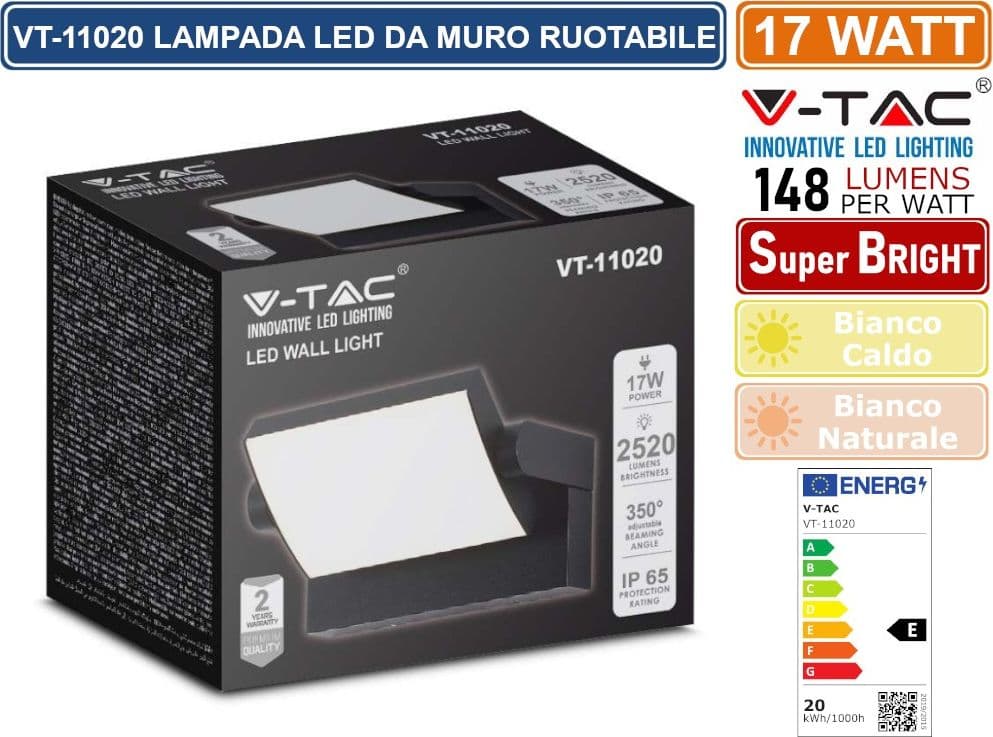 V-TAC VT-11020 LAMPADA LED DA MURO RUOTABILE 17W SMD IP65 APPLIQUE COLORE NERO - SKU 2936 / 2937 - 5