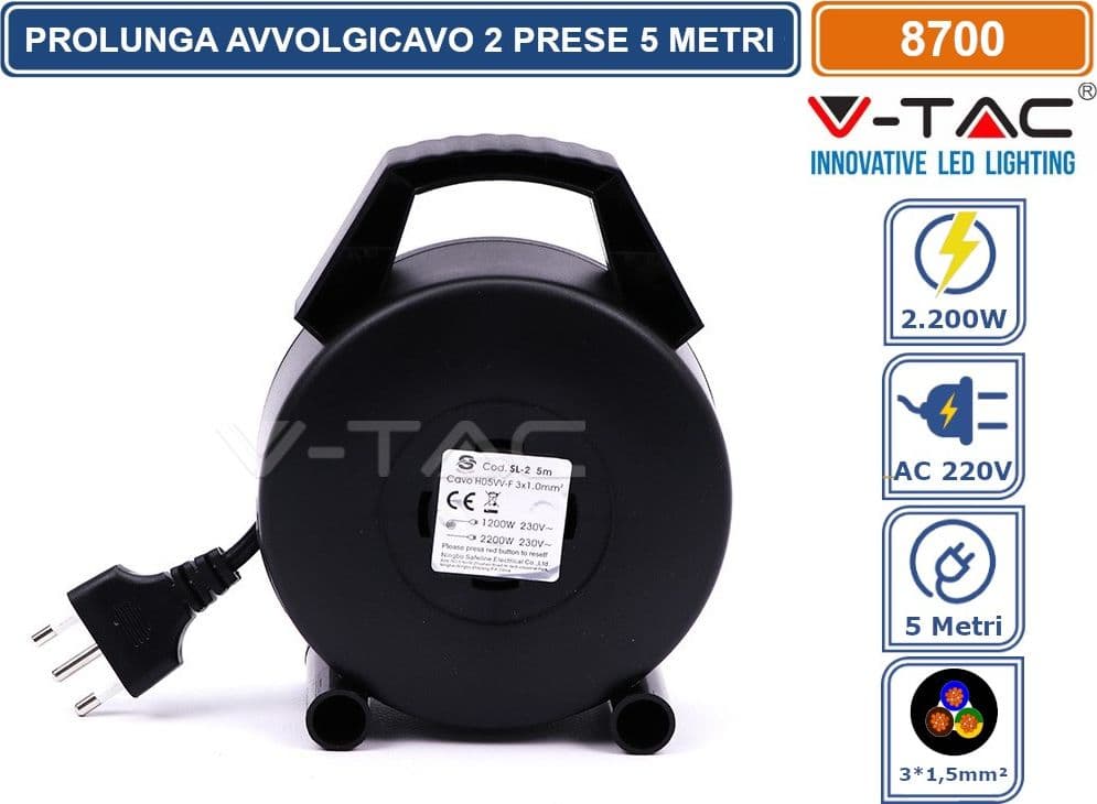 V-TAC PROLUNGA AVVOLGICAVO SPINA 16A E 2 PRESE 10/16A BIPASSO COLORE NERO - 5 METRI - SKU 8700 - 2