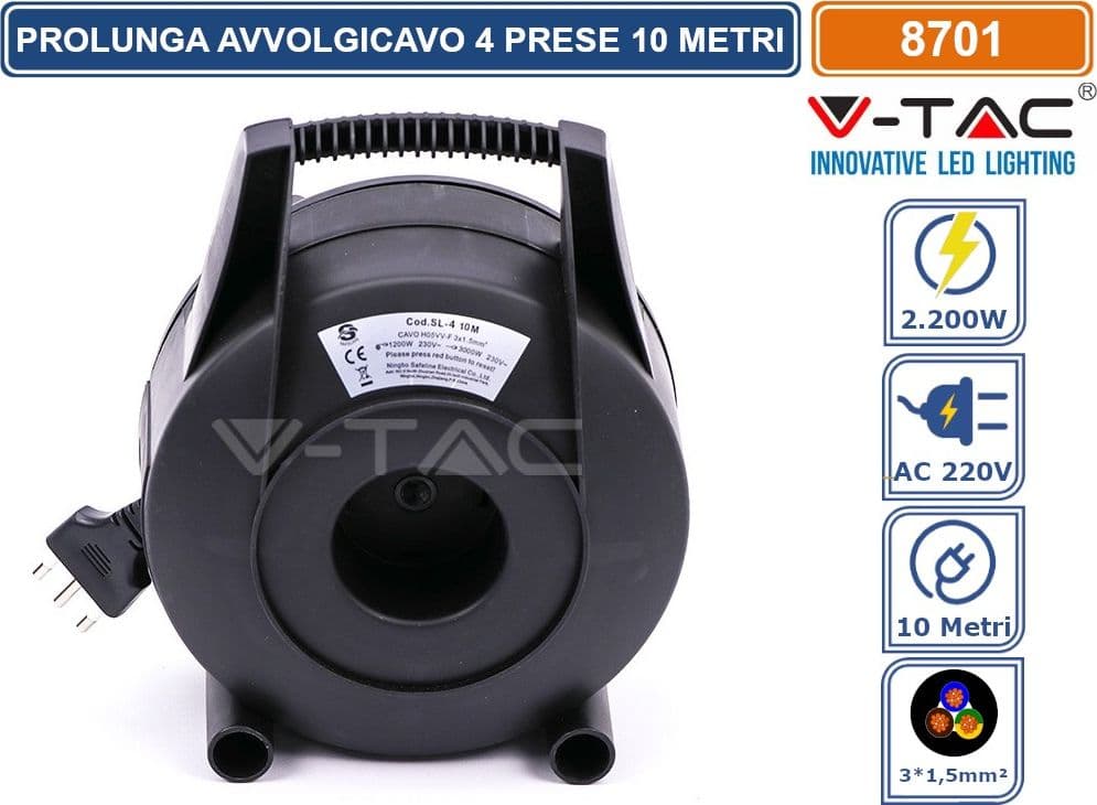 V-TAC PROLUNGA AVVOLGICAVO SPINA 16A E 4 PRESE 10/16A BIPASSO/SCHUKO COLORE NERO 10 METRI - SKU 8701 - 2