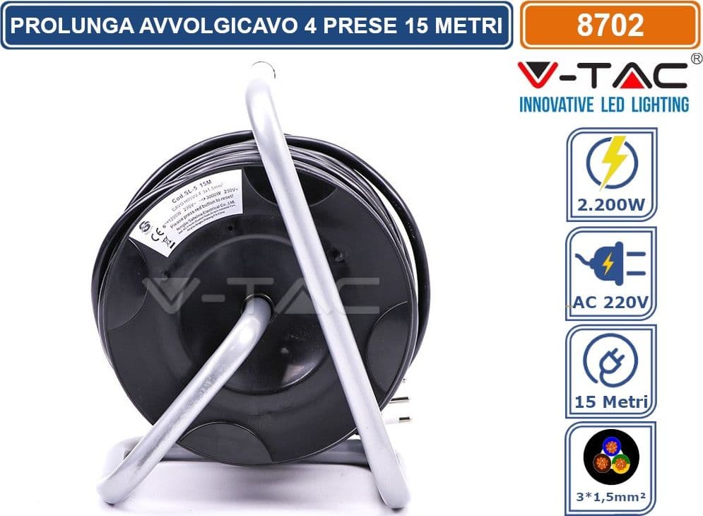 V-TAC PROLUNGA AVVOLGICAVO SPINA 16A E 4 PRESE 10/16A BIPASSO/SCHUKO COLORE NERO 15 METRI - SKU 8702 - 2