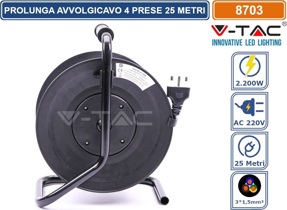 V-TAC PROLUNGA AVVOLGICAVO SPINA 16A E 4 PRESE 10/16A BIPASSO/SCHUKO COLORE NERO 25 METRI - SKU 8703 - 2