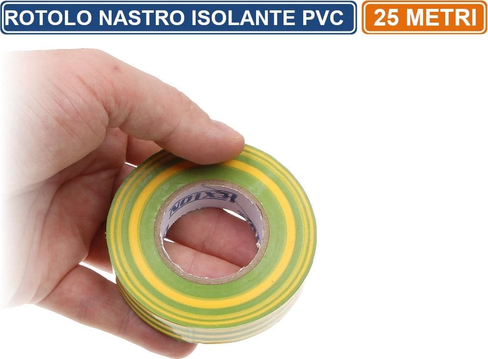 CONFEZIONE 5 PEZZI NASTRO ISOLANTE IN PVC VERDE/GIALLO 25 METRI SPESSORE 0.13MM - 3