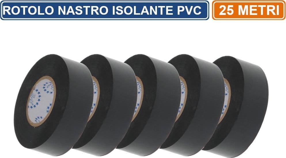 CONFEZIONE 5 PEZZI NASTRO ISOLANTE IN PVC NERO 25 METRI SPESSORE 0.13MM
