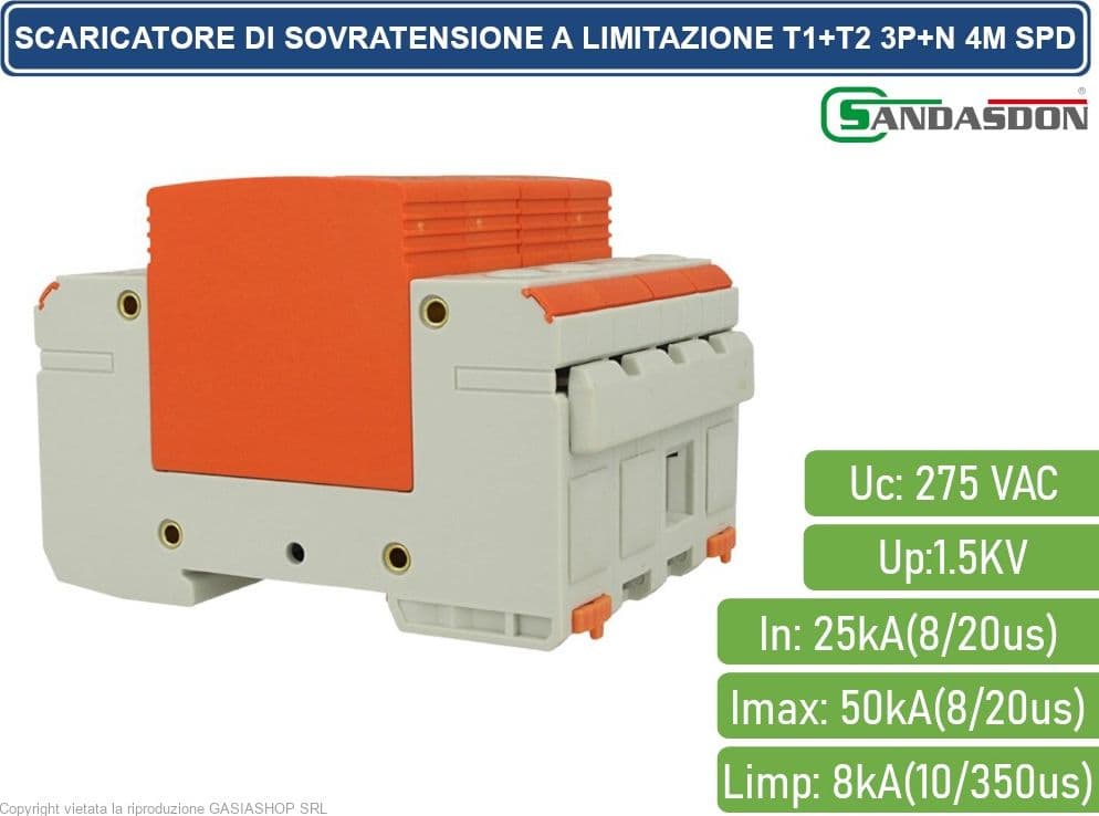 SCARICATORE LIMITATORE DI SOVRATENSIONE TIPO T1+T2 3P+N 4M SPD A LIMITAZIONE PER BARRA DIN - 2