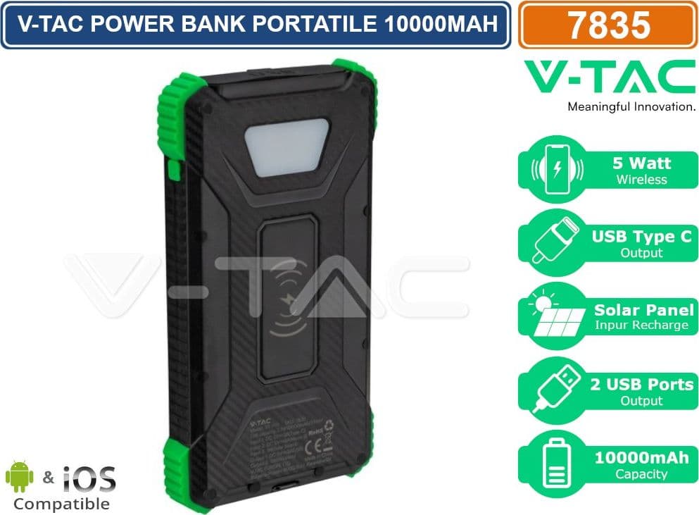 V-TAC VT-11111 POWER BANK WIRELESS 10000MAH CON RICARICA RAPIDA PD PANNELLO SOLARE INDICATORE LED COLORE NERO - SKU 7835 - 2