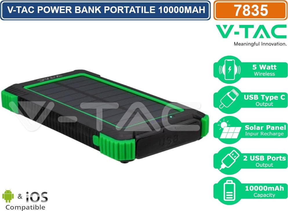 V-TAC VT-11111 POWER BANK WIRELESS 10000MAH CON RICARICA RAPIDA PD PANNELLO SOLARE INDICATORE LED COLORE NERO - SKU 7835 - 3