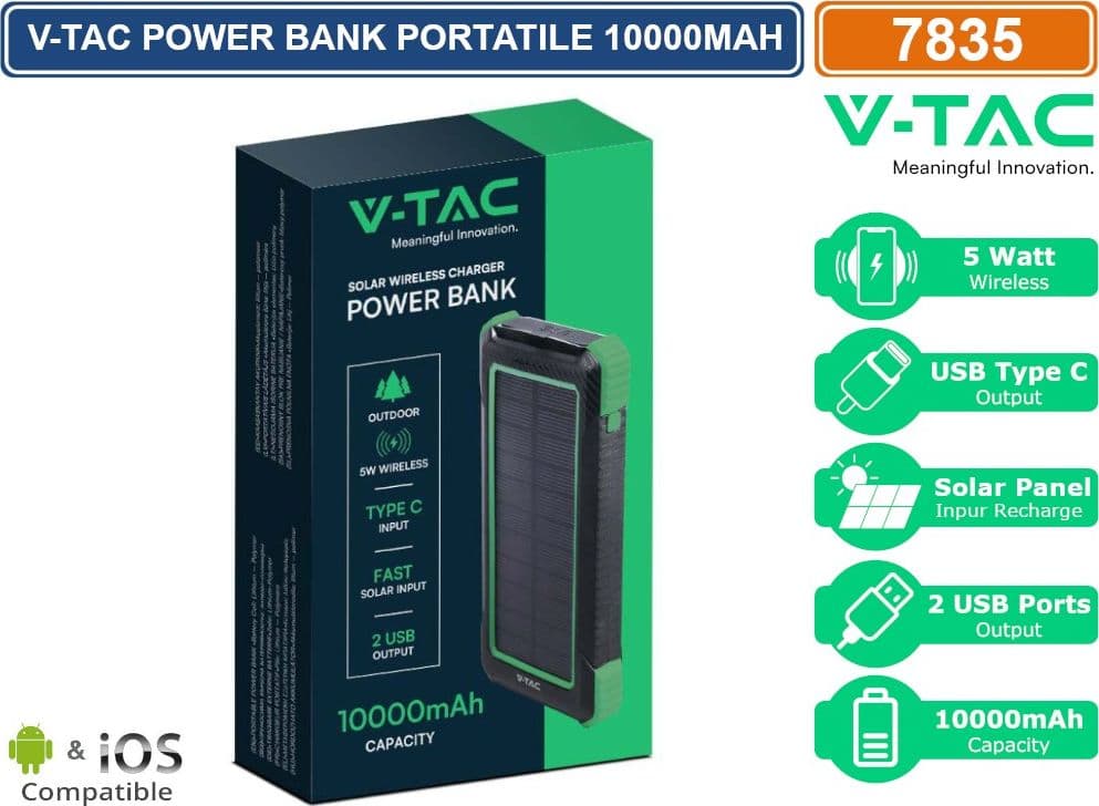 V-TAC VT-11111 POWER BANK WIRELESS 10000MAH CON RICARICA RAPIDA PD PANNELLO SOLARE INDICATORE LED COLORE NERO - SKU 7835 - 4