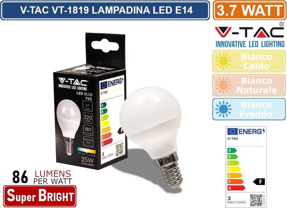 CONFEZIONE 10 PEZZI V-TAC VT-1819 LAMPADINA LED E14 3,7W MINIGLOBO P45 - SKU 214123 / 214174 / 214124 - 2