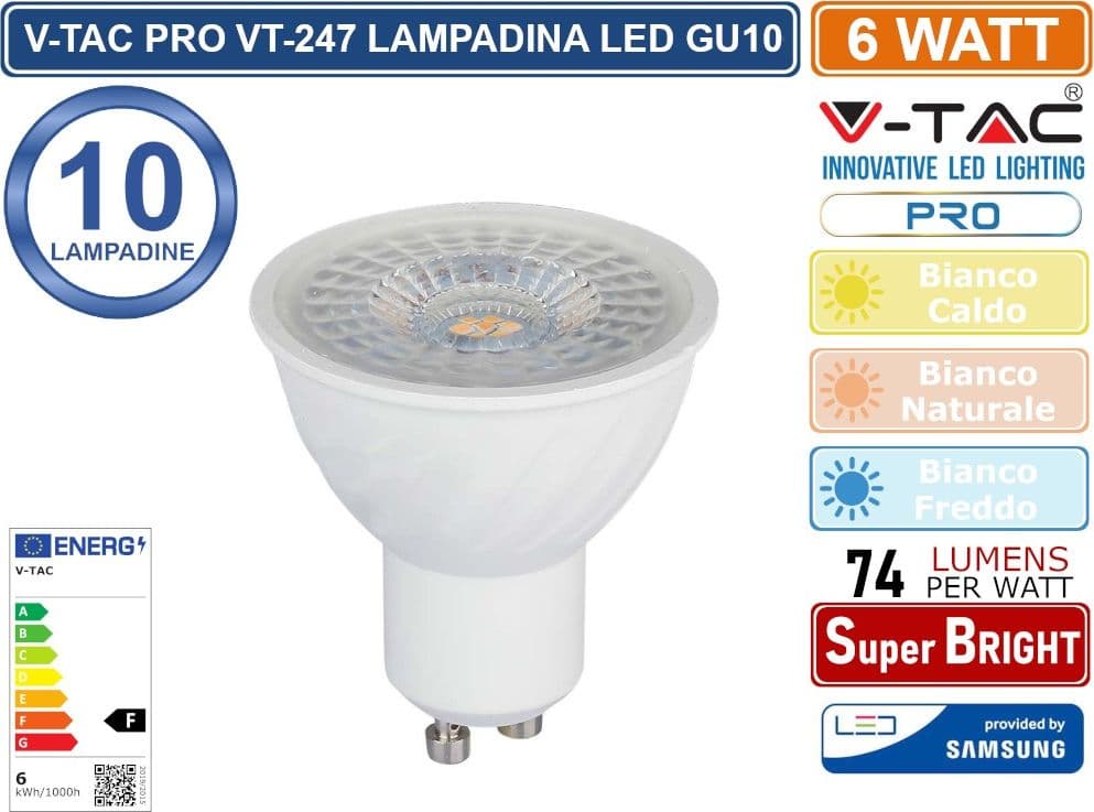 CONFEZIONE 10 PEZZI V-TAC PRO VT-247 LAMPADINA LED GU10 6W FARETTO SPOTLIGHT CHIP SAMSUNG 110° - SKU 21192 / 21193 / 21194