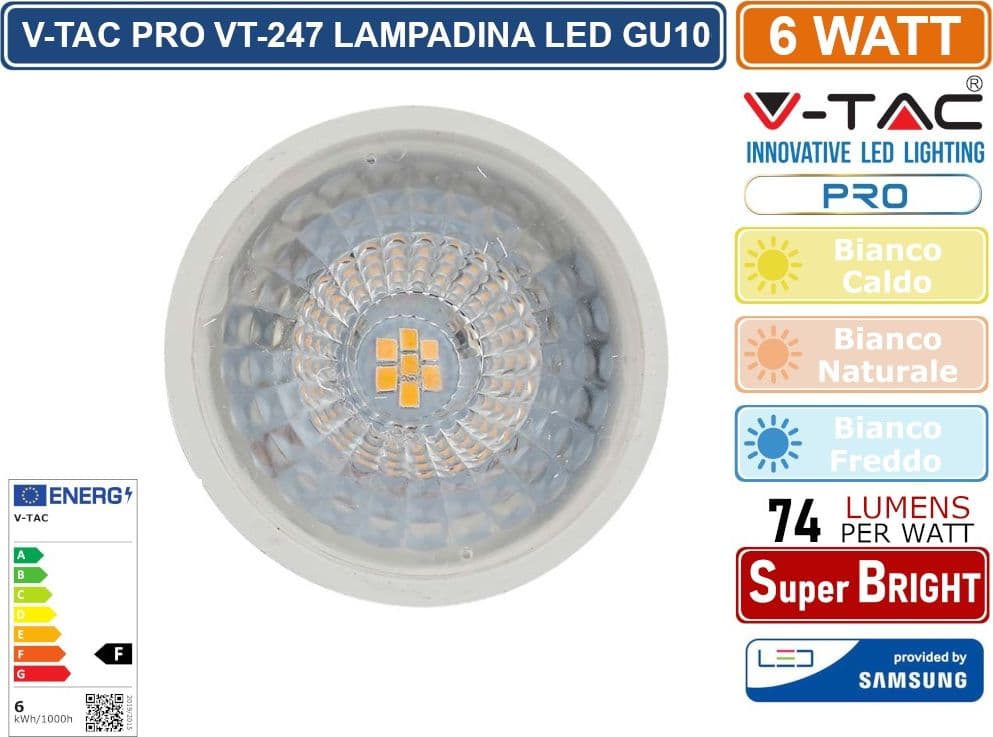 CONFEZIONE 10 PEZZI V-TAC PRO VT-247 LAMPADINA LED GU10 6W FARETTO SPOTLIGHT CHIP SAMSUNG 110° - SKU 21192 / 21193 / 21194 - 4