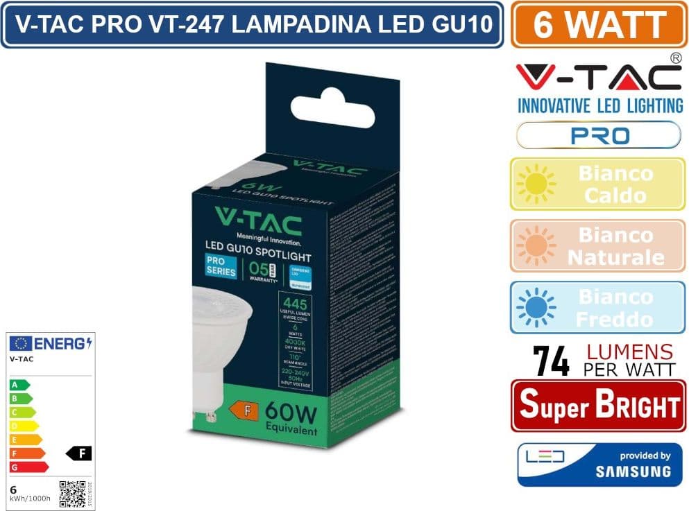 CONFEZIONE 20 PEZZI V-TAC PRO VT-247 LAMPADINA LED GU10 6W FARETTO SPOTLIGHT CHIP SAMSUNG 110° - SKU 21192 / 21193 / 21194 - 2