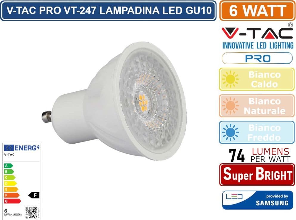 CONFEZIONE 20 PEZZI V-TAC PRO VT-247 LAMPADINA LED GU10 6W FARETTO SPOTLIGHT CHIP SAMSUNG 110° - SKU 21192 / 21193 / 21194 - 3