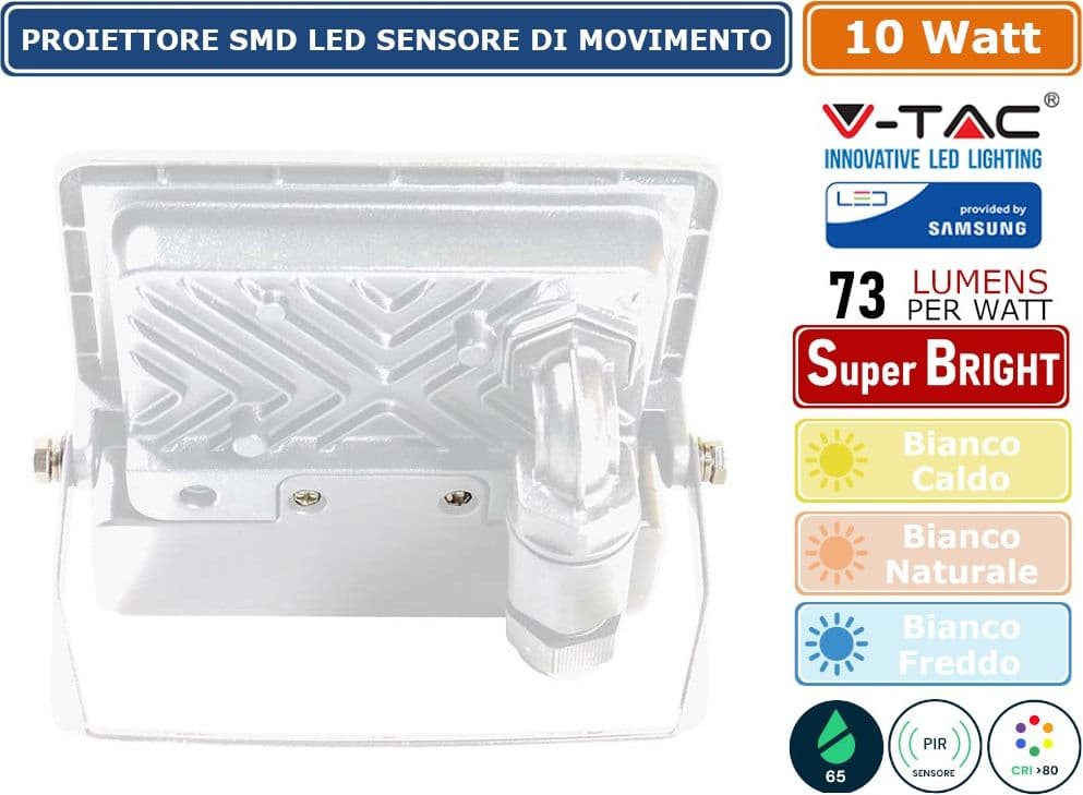 V-TAC VT-118S FARO LED FLOODLIGHT 10W SMD IP65 CHIP SAMSUNG SENSORE DI MOVIMENTO E CREPUSCOLARE BIANCO - SKU 20268 / 20269 / 20270 - 2