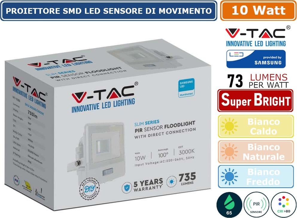 V-TAC VT-118S FARO LED FLOODLIGHT 10W SMD IP65 CHIP SAMSUNG SENSORE DI MOVIMENTO E CREPUSCOLARE BIANCO - SKU 20268 / 20269 / 20270 - 3