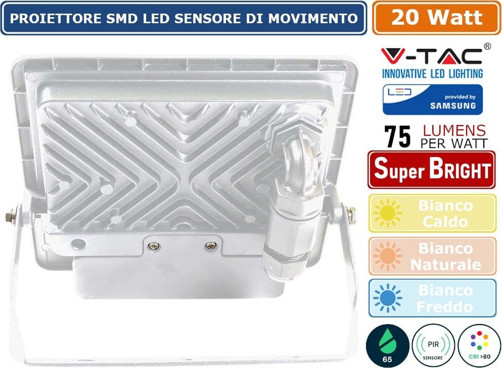 V-TAC VT-128S FARO LED FLOODLIGHT 20W SMD IP65 CHIP SAMSUNG SENSORE MOVIMENTO E CREPUSCOLARE BIANCO - SKU 20271 / 20272 / 20273 - 2