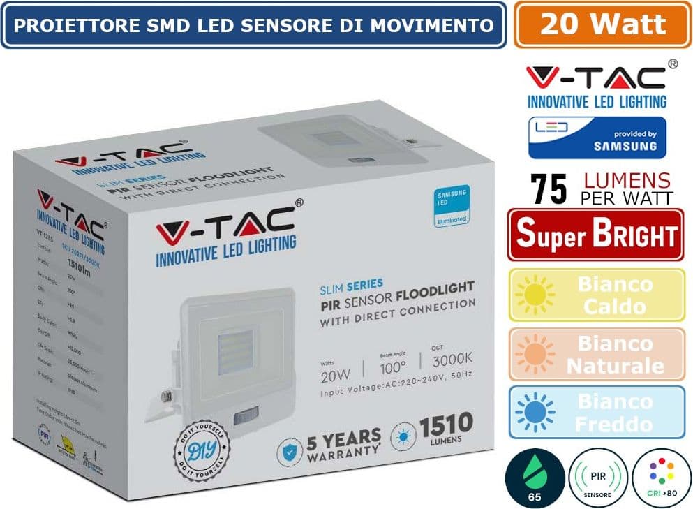 V-TAC VT-128S FARO LED FLOODLIGHT 20W SMD IP65 CHIP SAMSUNG SENSORE MOVIMENTO E CREPUSCOLARE BIANCO - SKU 20271 / 20272 / 20273 - 3