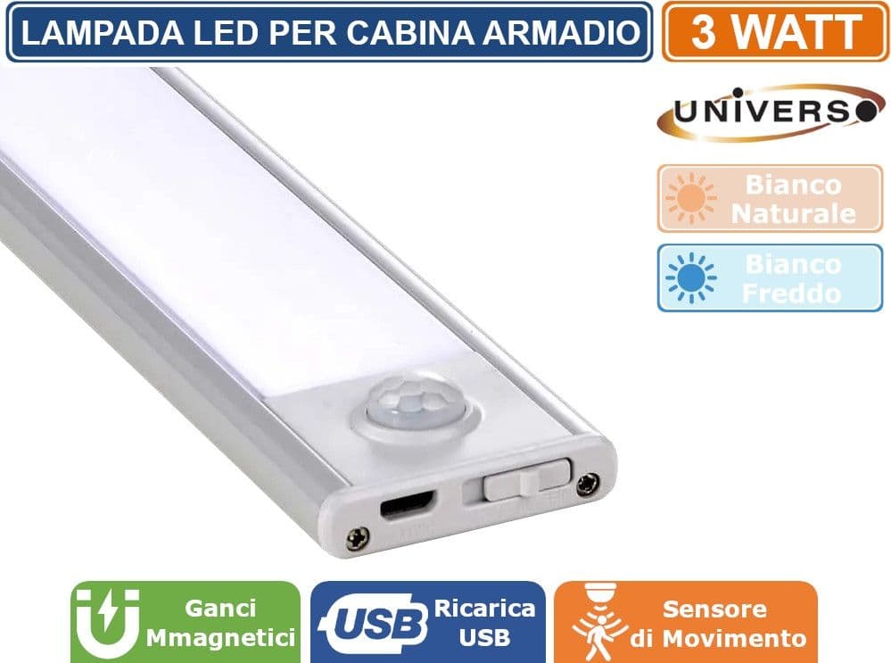 LAMPADA LED CALAMITATA DA PARETE PER CABINE ARMADIO 60CM ALIMENTATA A BATTERIE RICARICABILI CON SENSORE DI MOVIMENTO 3W 210 LUMEN - 2