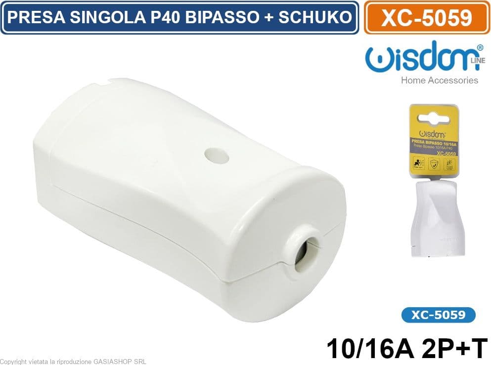 WISDOM XC-5059 PRESA VOLANTE SINGOLA BIPASSO + SCHUKO 10/16A 2P+T CON USCITA CAVO DRITTA COLORE BIANCO - 2