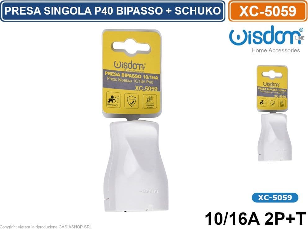 WISDOM XC-5059 PRESA VOLANTE SINGOLA BIPASSO + SCHUKO 10/16A 2P+T CON USCITA CAVO DRITTA COLORE BIANCO - 3